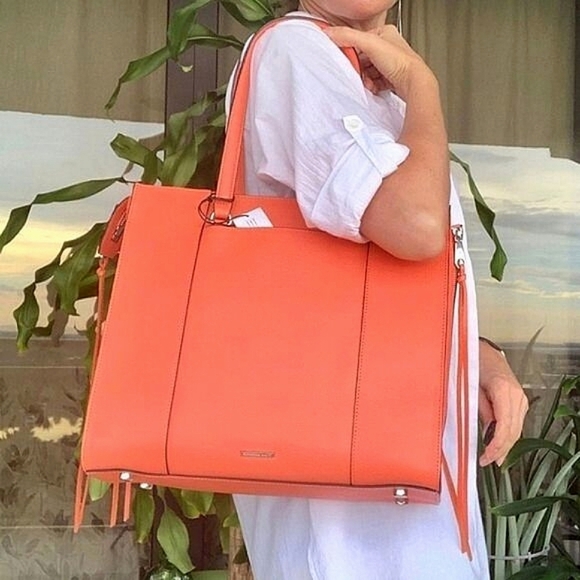 Rebecca Minkoff Side Zip Expandable Large Leather Tote in Flame NWT - Picture 1 of 14